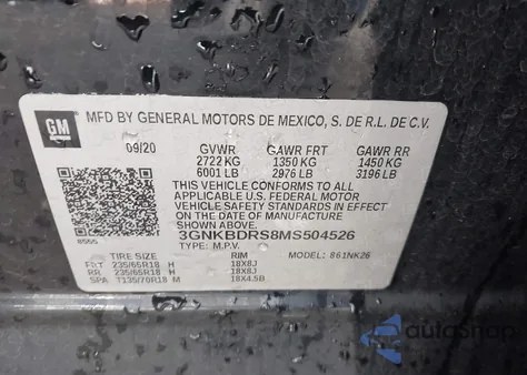 2021 Chevrolet Blazer Fwd 3Lt из США, поврежденный, VIN 3GNKBDRS8MS504526